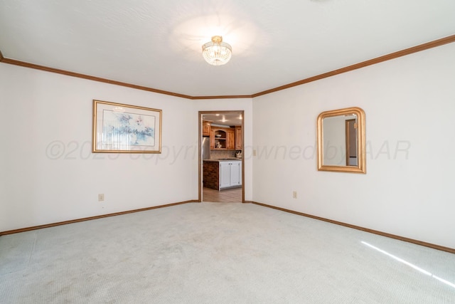 spare room featuring baseboards, light carpet, and crown molding