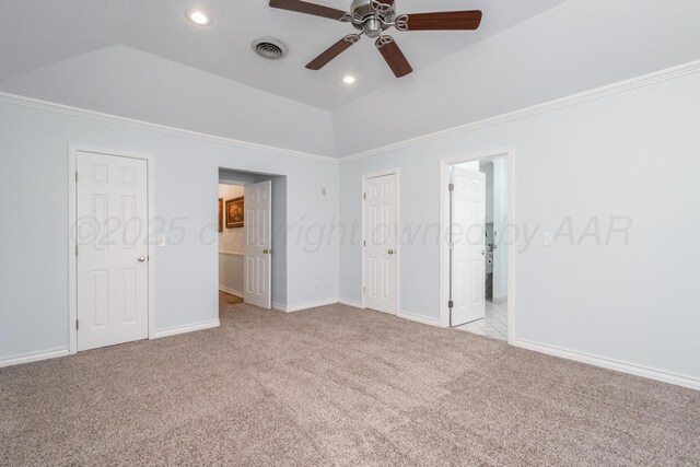 unfurnished bedroom with visible vents, recessed lighting, baseboards, carpet flooring, and lofted ceiling