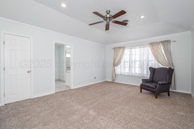 sitting room featuring carpet, visible vents, baseboards, recessed lighting, and vaulted ceiling