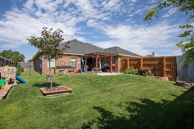 8101 Vail Dr, Amarillo, TX 79118 - back of property with a pergola, a patio, brick siding, and a playground