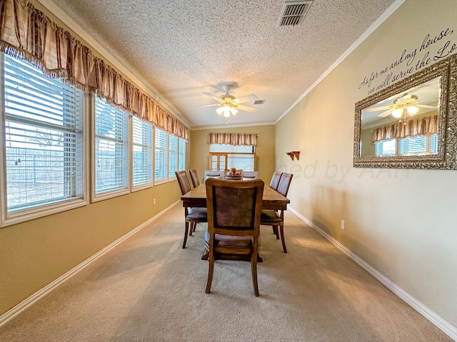 dining room with crown molding, carpet flooring, a textured ceiling, and ceiling fan