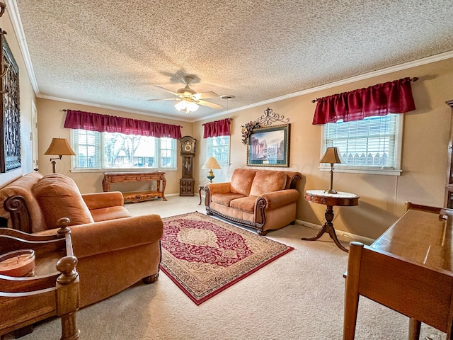 sitting room featuring ornamental molding, carpet, and a textured ceiling