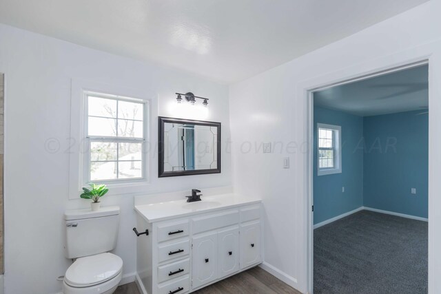 bathroom featuring toilet, vanity, and hardwood / wood-style floors