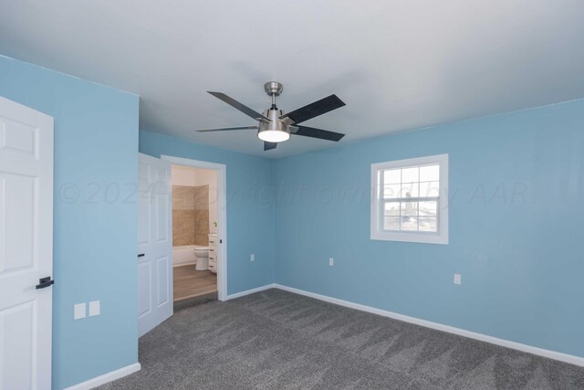 unfurnished bedroom featuring ceiling fan, connected bathroom, and carpet flooring