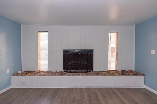 interior details with a tiled fireplace and wood-type flooring