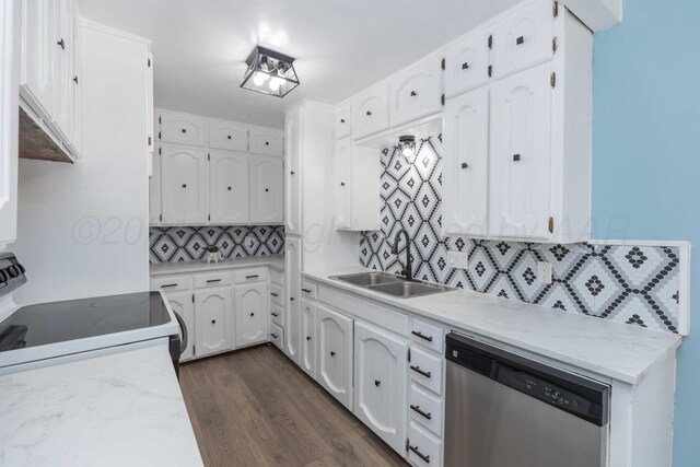 kitchen with dishwasher, white cabinets, range, sink, and dark hardwood / wood-style floors