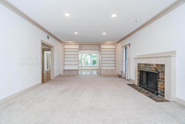 2523 5th Ave, Canyon, TX 79015 - unfurnished living room featuring crown molding, carpet, recessed lighting, a fireplace with flush hearth, and built in features