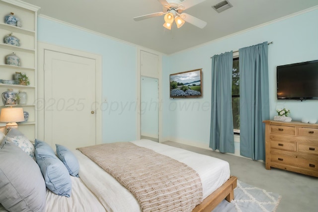 2523 5th Ave, Canyon, TX 79015 - bedroom featuring light carpet, ornamental molding, and a ceiling fan