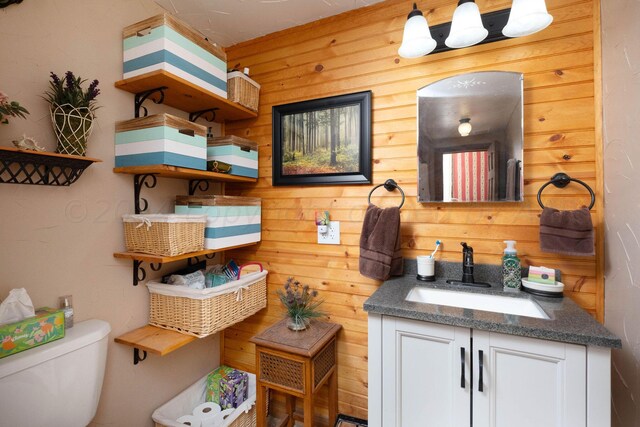 bathroom with wood walls, vanity, and toilet