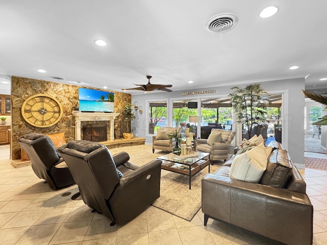 120 Port O Call Dr, Amarillo, TX 79118 - living area featuring recessed lighting, healthy amount of natural light, a lit fireplace, crown molding, and light tile patterned floors