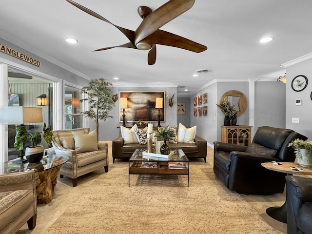 120 Port O Call Dr, Amarillo, TX 79118 - living area featuring ornamental molding, a ceiling fan, and recessed lighting