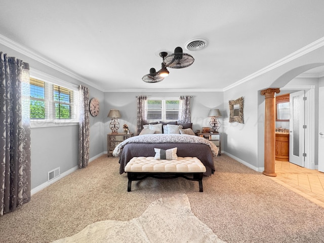 120 Port O Call Dr, Amarillo, TX 79118 - bedroom featuring multiple windows, crown molding, arched walkways, light carpet, and baseboards