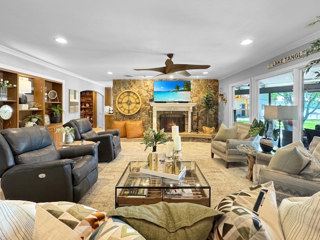 120 Port O Call Dr, Amarillo, TX 79118 - living room with crown molding, ceiling fan, a fireplace, recessed lighting, and built in features
