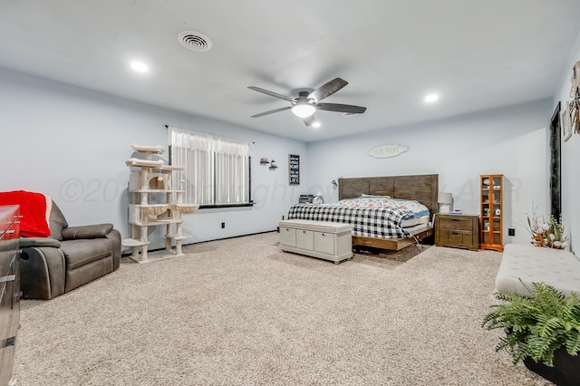 bedroom featuring visible vents, carpet flooring, recessed lighting, and ceiling fan