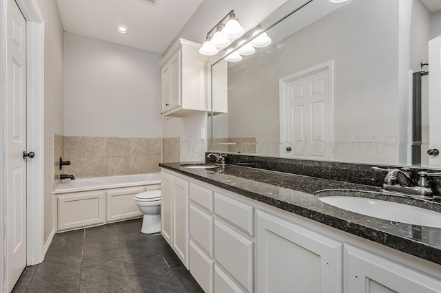 full bath with double vanity, tile patterned flooring, a sink, and a bath