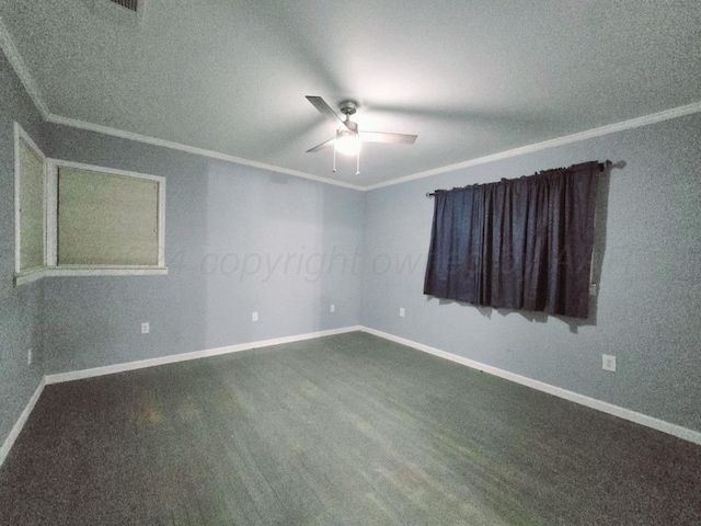 carpeted empty room with ceiling fan, a textured ceiling, and ornamental molding