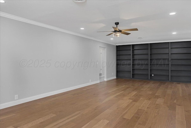 4400 Gem Lake Rd, Amarillo, TX 79106 - empty room with ornamental molding, ceiling fan, light wood finished floors, recessed lighting, and built in features