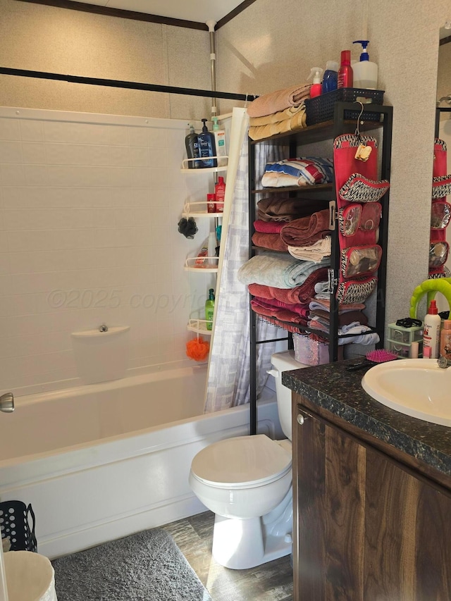 full bathroom featuring shower / bath combination with curtain, vanity, and toilet