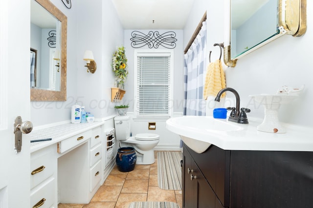 bathroom featuring toilet, vanity, and tile patterned flooring