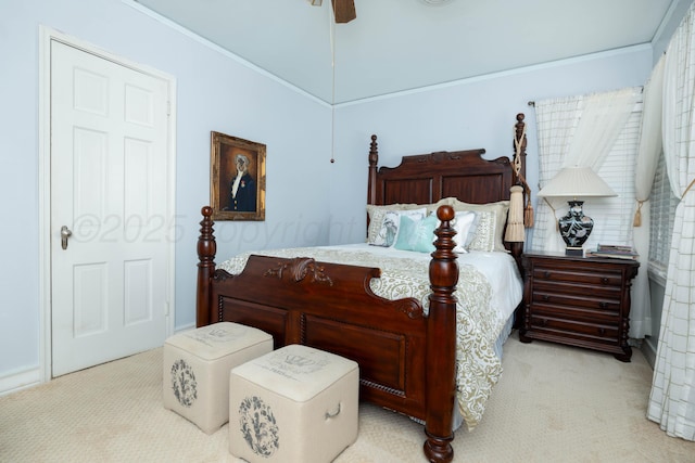 carpeted bedroom featuring a ceiling fan and lofted ceiling