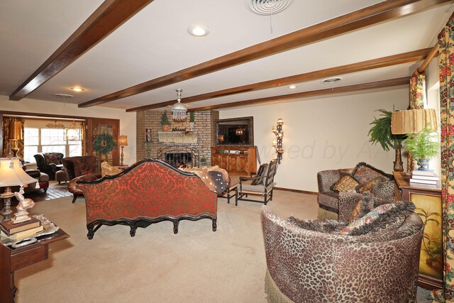 4410 Chandler Dr, Amarillo, TX 79109 - living area with carpet floors, a brick fireplace, beamed ceiling, baseboards, and recessed lighting