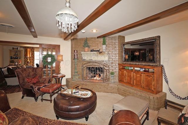 4410 Chandler Dr, Amarillo, TX 79109 - living room with beamed ceiling, a brick fireplace, a chandelier, carpet flooring, and baseboards