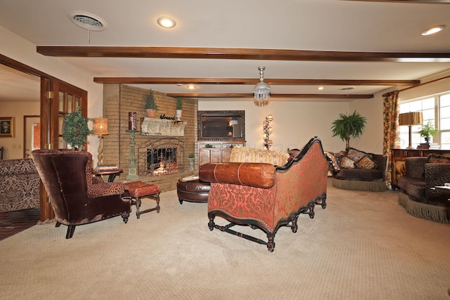 4410 Chandler Dr, Amarillo, TX 79109 - living area with carpet, beamed ceiling, a fireplace, and recessed lighting