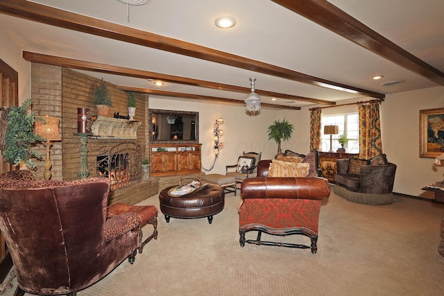 4410 Chandler Dr, Amarillo, TX 79109 - carpeted living area featuring beam ceiling, a fireplace, and recessed lighting