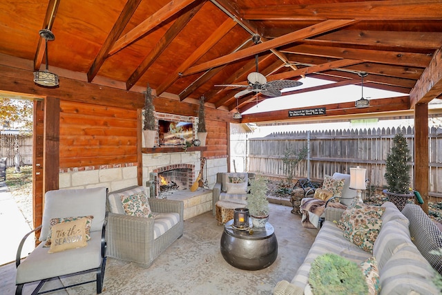 4410 Chandler Dr, Amarillo, TX 79109 - view of patio / terrace featuring an outdoor living space with a fireplace, ceiling fan, and a gazebo
