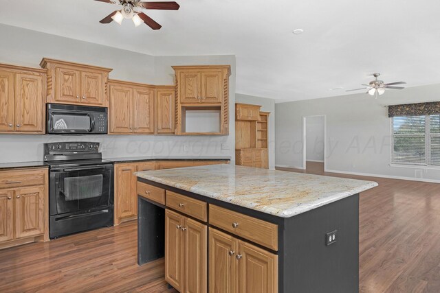 13701 Cedarwood Dr, Amarillo, TX 79118 - kitchen with black appliances, ceiling fan, and dark wood-style floors