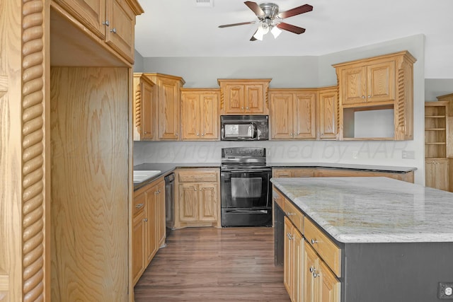 13701 Cedarwood Dr, Amarillo, TX 79118 - kitchen with black appliances, a ceiling fan, wood finished floors, light stone counters, and light brown cabinets