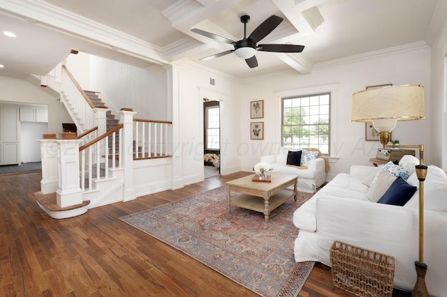 living room with beam ceiling, ceiling fan, dark wood-type flooring, coffered ceiling, and ornamental molding