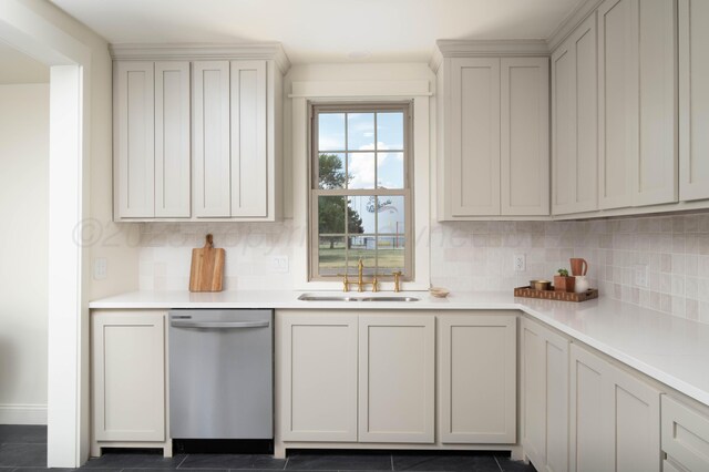 kitchen featuring dishwasher, white cabinets, sink, decorative backsplash, and dark tile patterned floors