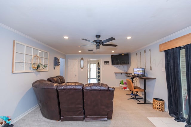 5109 Tawney Ave, Amarillo, TX 79106 - living area with light carpet, a ceiling fan, recessed lighting, and crown molding