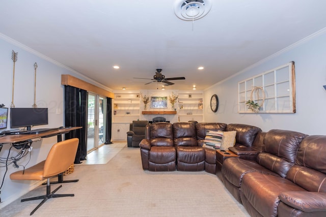 5109 Tawney Ave, Amarillo, TX 79106 - living area featuring a desk, ornamental molding, a ceiling fan, light carpet, and recessed lighting