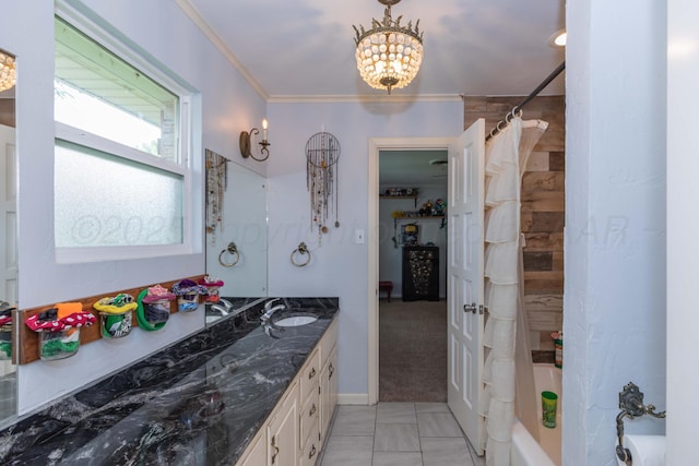 5109 Tawney Ave, Amarillo, TX 79106 - bathroom with vanity, shower / bath combination with curtain, a chandelier, and crown molding