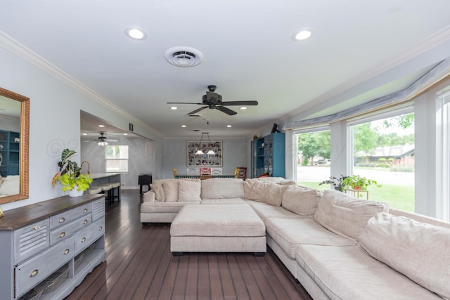 5109 Tawney Ave, Amarillo, TX 79106 - living area with ornamental molding, a ceiling fan, dark wood-style flooring, and recessed lighting