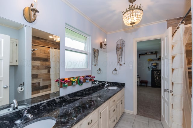 5109 Tawney Ave, Amarillo, TX 79106 - full bath with a chandelier, double vanity, ornamental molding, and tiled shower