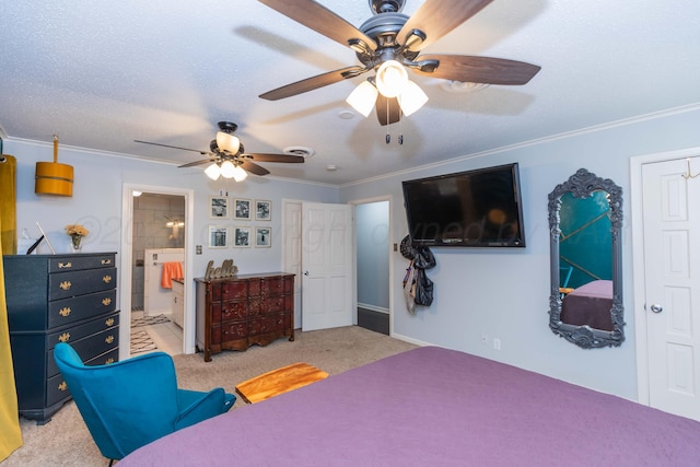 5109 Tawney Ave, Amarillo, TX 79106 - carpeted bedroom featuring crown molding, a ceiling fan, and connected bathroom