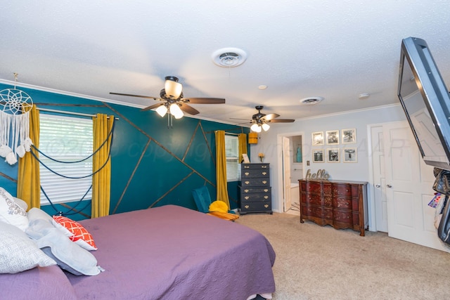 5109 Tawney Ave, Amarillo, TX 79106 - bedroom with crown molding, light carpet, ceiling fan, and a textured ceiling