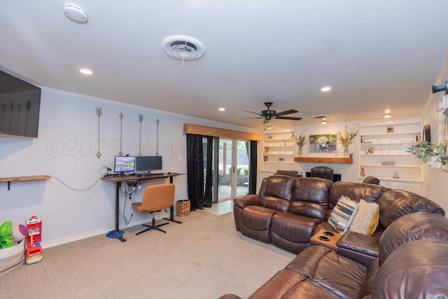 5109 Tawney Ave, Amarillo, TX 79106 - living area with light colored carpet, recessed lighting, an office area, ceiling fan, and ornamental molding
