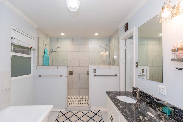 5109 Tawney Ave, Amarillo, TX 79106 - full bathroom with a soaking tub, walk in shower, ornamental molding, and vanity
