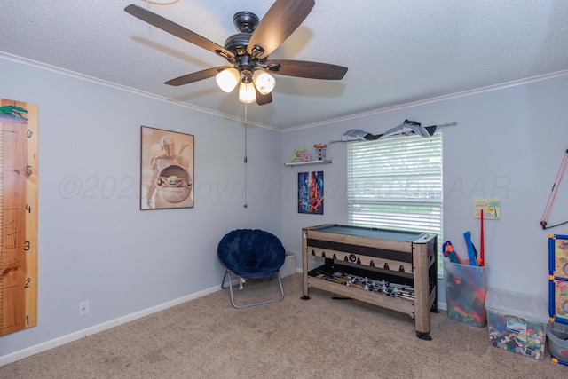 5109 Tawney Ave, Amarillo, TX 79106 - living area featuring a ceiling fan, ornamental molding, and carpet floors