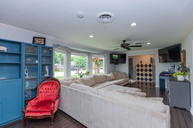 5109 Tawney Ave, Amarillo, TX 79106 - living area with crown molding, dark wood-style floors, ceiling fan, and recessed lighting