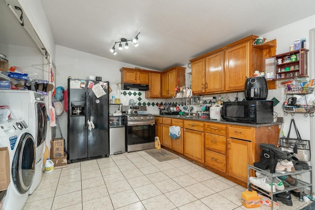 1411 N Highland St, Amarillo, TX 79107 - kitchen featuring black appliances, under cabinet range hood, brown cabinetry, open shelves, and backsplash