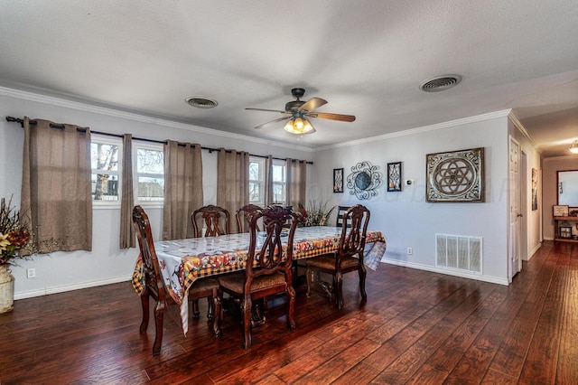 dining area with ceiling fan, dark wood-type flooring, and plenty of natural light