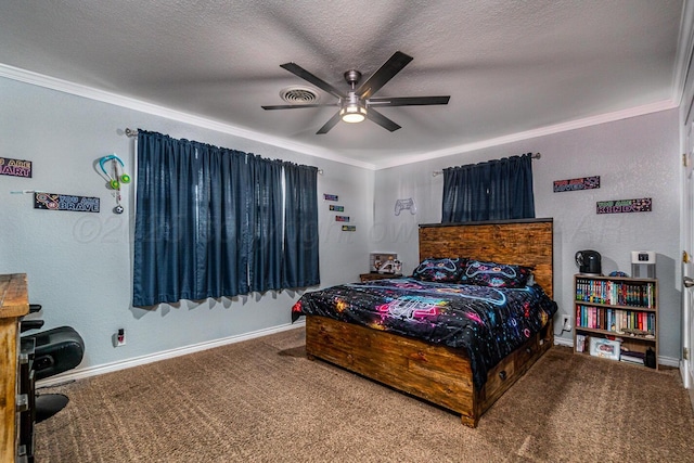 carpeted bedroom with ceiling fan, crown molding, and a textured ceiling