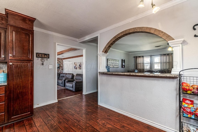 kitchen featuring dark wood-type flooring, ceiling fan, and ornamental molding