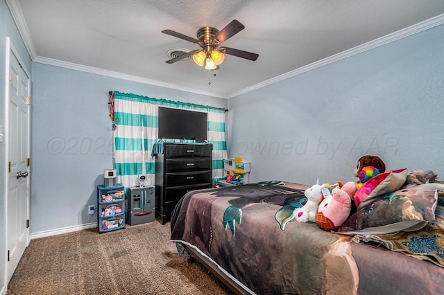 bedroom with ceiling fan, carpet, ornamental molding, and a textured ceiling