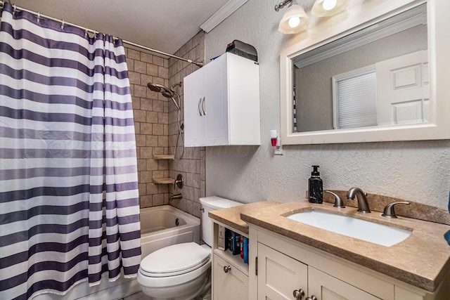 full bathroom with toilet, ornamental molding, shower / bath combo, and vanity